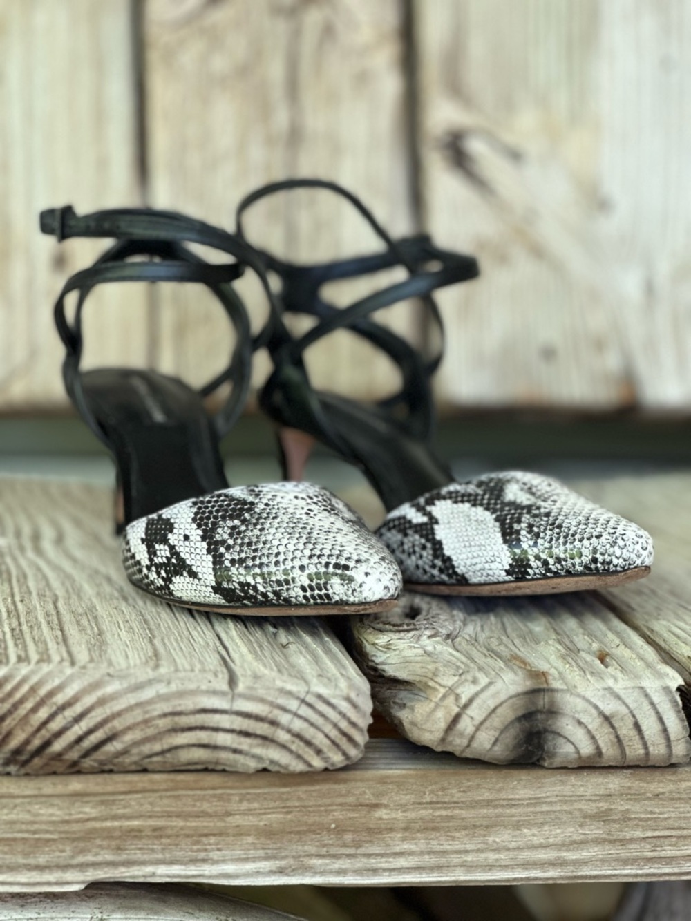 ANTONIO MELANI Black Strappy Heels with Snake-Print Pointed Toe